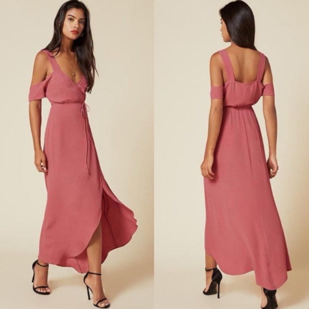 REFORMATION Jules Pink Off Shoulder Wrap Maxi Dress